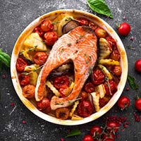 grilled salmon fish steak with potato onion and YRVMXCL